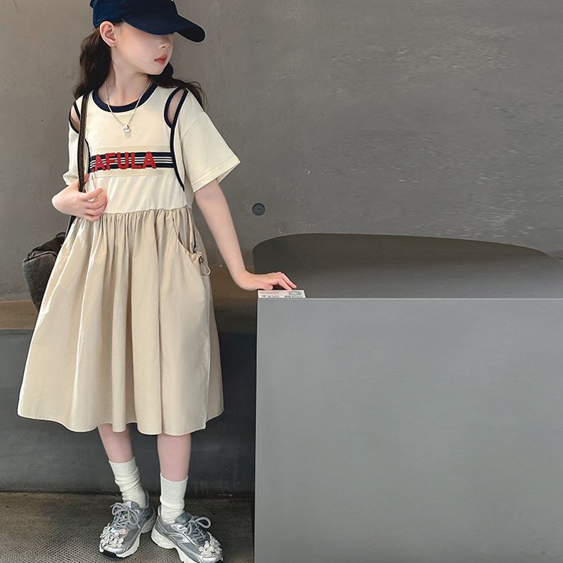 拼接镂空女童连衣裙儿童短袖裙子2024夏季新款女孩韩版宽松A字裙