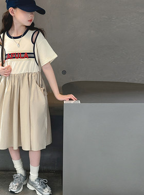 拼接镂空女童连衣裙儿童短袖裙子2024夏季新款女孩韩版宽松A字裙