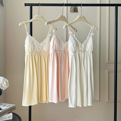 法式纯欲风吊带睡裙带胸垫女夏季睡衣纯棉布料100全棉少女家居服