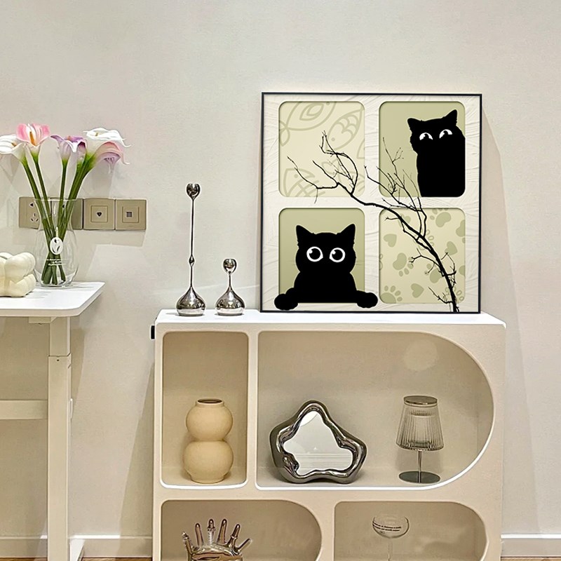 卡通猫咪餐厅挂画北欧奶油风客厅装饰画现代简约卧X室正方形摆画