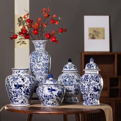 中式青花陶瓷花瓶复古经典青花瓷插花瓷瓶古典大肚子瓷罐客厅摆件