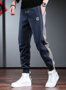 蓝色休闲裤男宽松运动锥形束脚裤y2023春秋新款拼色男生运动裤子