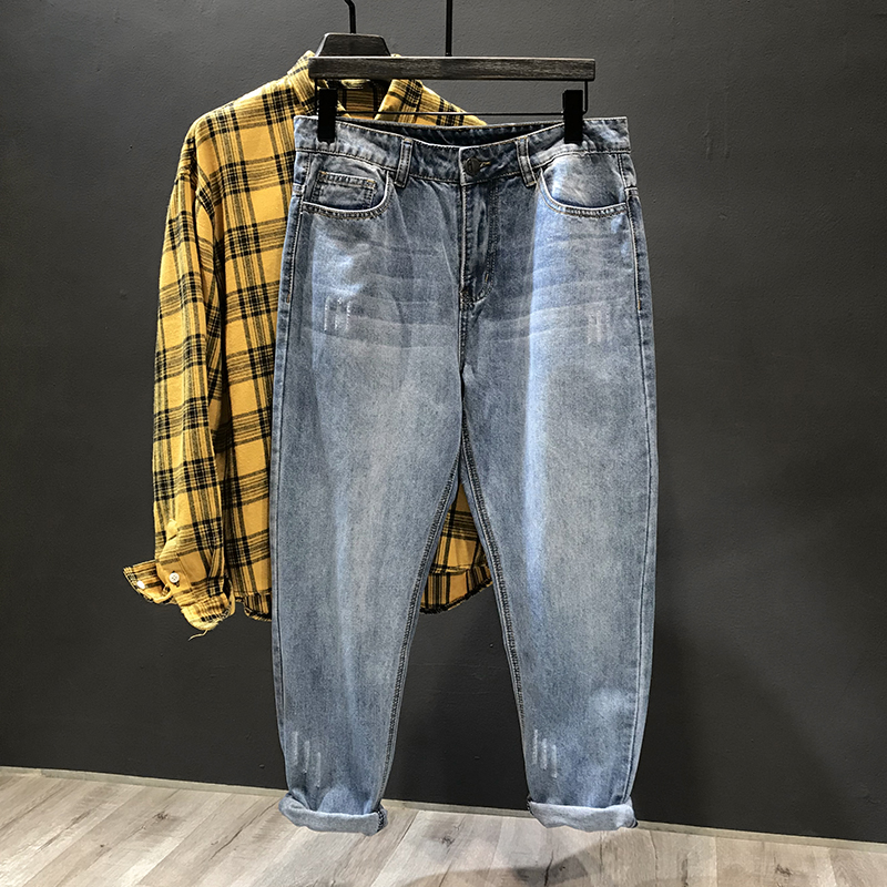浅色百搭牛仔裤 春季潮牌九分裤宽松大码9分裤子男士直筒哈伦男裤