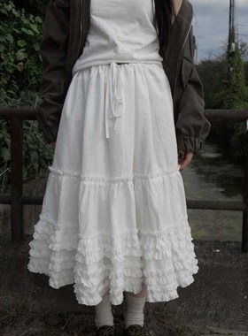 预习春天 白色蛋糕花边长裙 复古蕾丝G拼接松紧腰宽松度假风半身