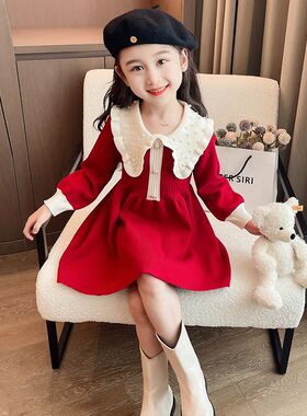 女童连衣裙秋冬款2023新款儿童红色裙子宝宝毛衣裙新年衣服拜年服