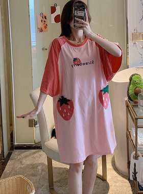 加大加肥睡衣特大号女夏300斤睡裙纯棉可外穿胖mm可爱T恤裙连衣裙