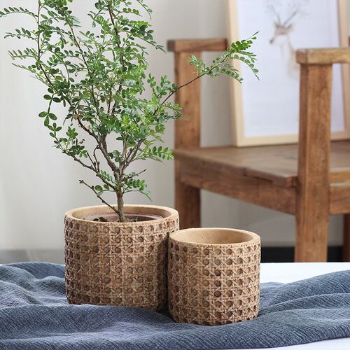 仿编织侘寂风复古水泥花盆日式竹编藤编陶M盆原木风绿植盆栽套盆