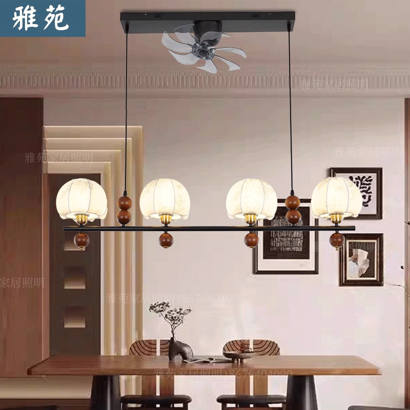 中古客厅吊灯布艺花纹法式复古餐厅吊扇灯实木奶油风书房餐桌风扇