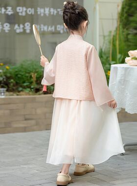 新中式古风绣花盘扣雪纺套t装女童连衣裙儿童国风汉服女孩外套长