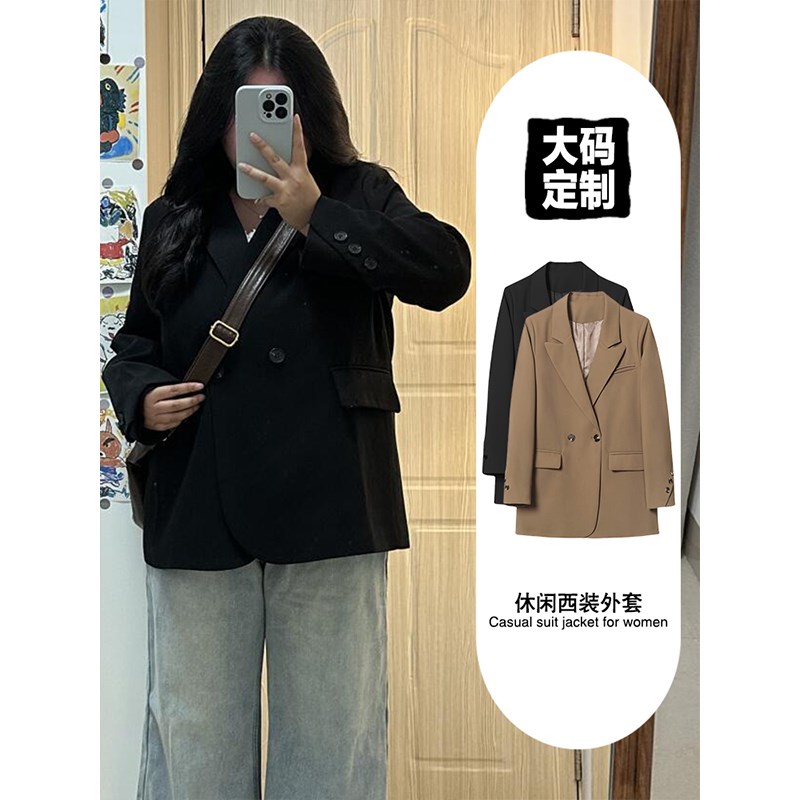 大码胖mm休闲西装外套女秋冬小个子宽松显瘦今年T流行的黑色小西