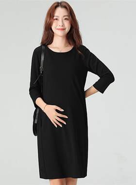 孕妇职业装春夏款辣妈工作服大码黑色纯棉孕妈夏装长袖孕妇连衣裙