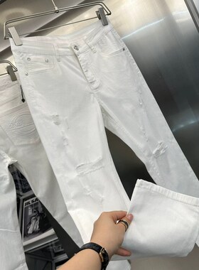 2024夏季新款韩版潮流白色牛仔裤男F薄款破洞修身弹力小脚休闲长