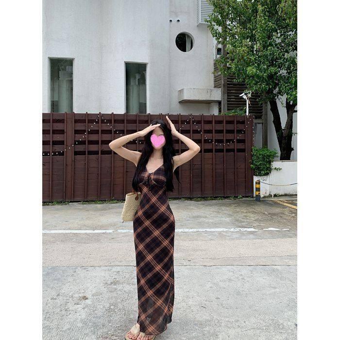 复古v领网纱菱格吊带连衣裙女夏季气质收腰修身无袖露背中长裙子,女装/女士精品,连衣裙,淘宝优惠券,粉丝福利购,淘宝优惠卷