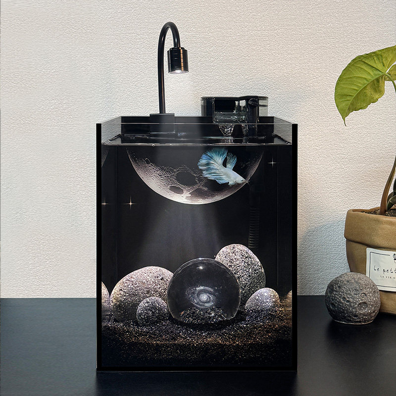 暗黑系创意造景斗鱼缸小型客厅桌面免换水生态鱼缸金晶超白玻璃缸