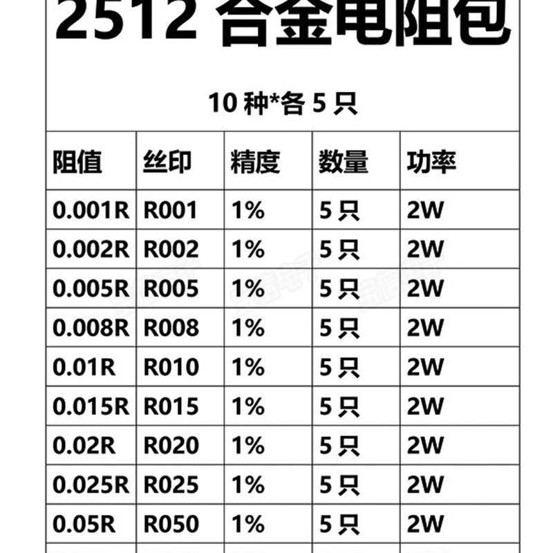 2512合金电阻包2W 10种各5只含R001 R002 R005 R010  R020 R050