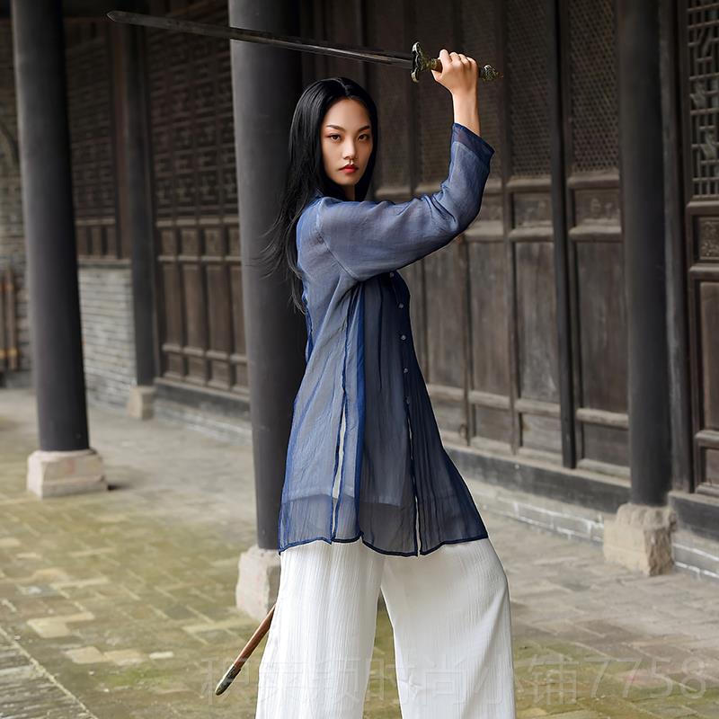 新款新款中风太极女飘逸上衣晨国服风真丝棉麻双层太极拳武术表演