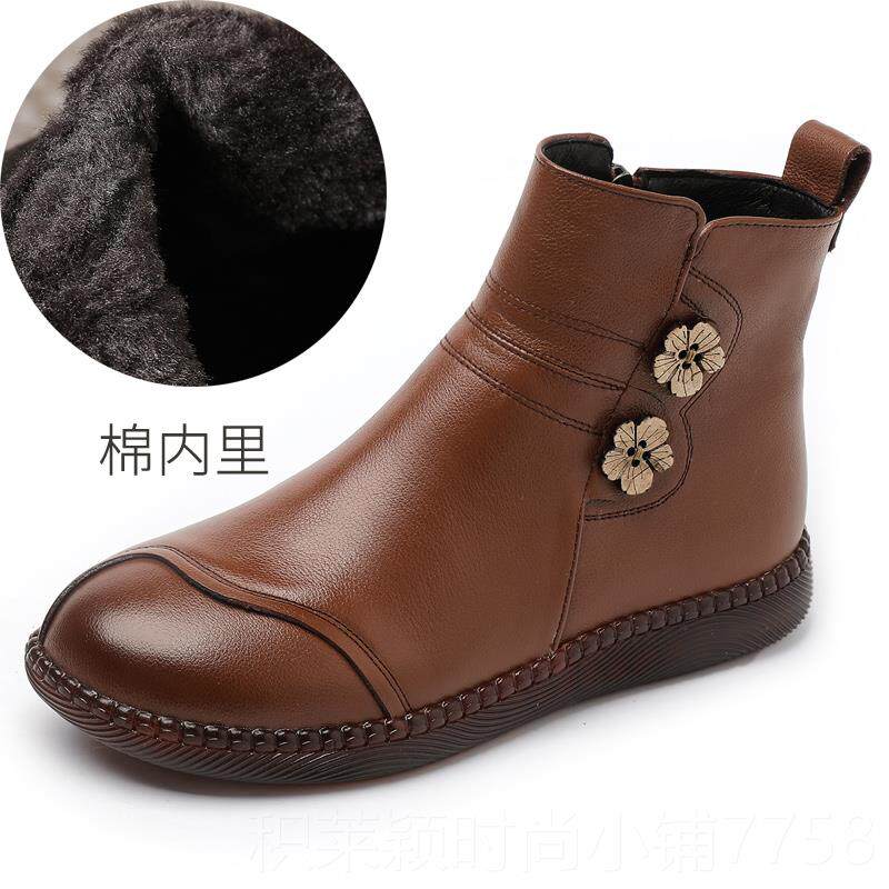 正品牛软底妈妈鞋真筋皮短靴棉超软防滑中老年平底女圆头冬靴季加