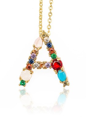Gold Color Initial Multicolor CZ Necklace Personalized项链