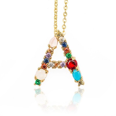 Gold Color Initial Multicolor CZ Necklace Personalized项链