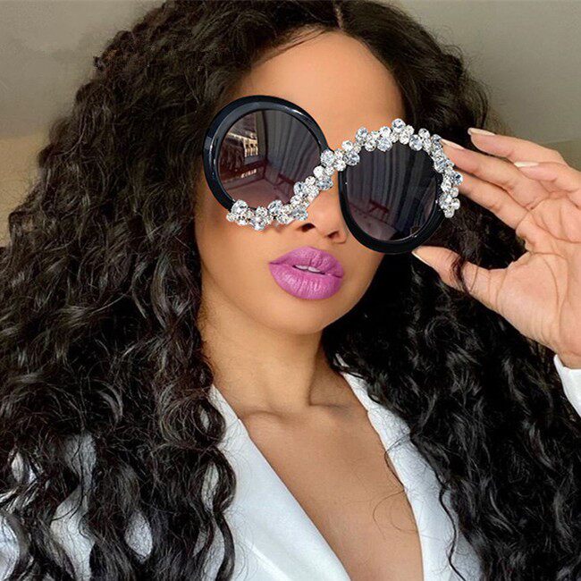 欧美ins新款眼镜夸张镶钻大框圆形太阳镜女士时尚墨镜sunglasses