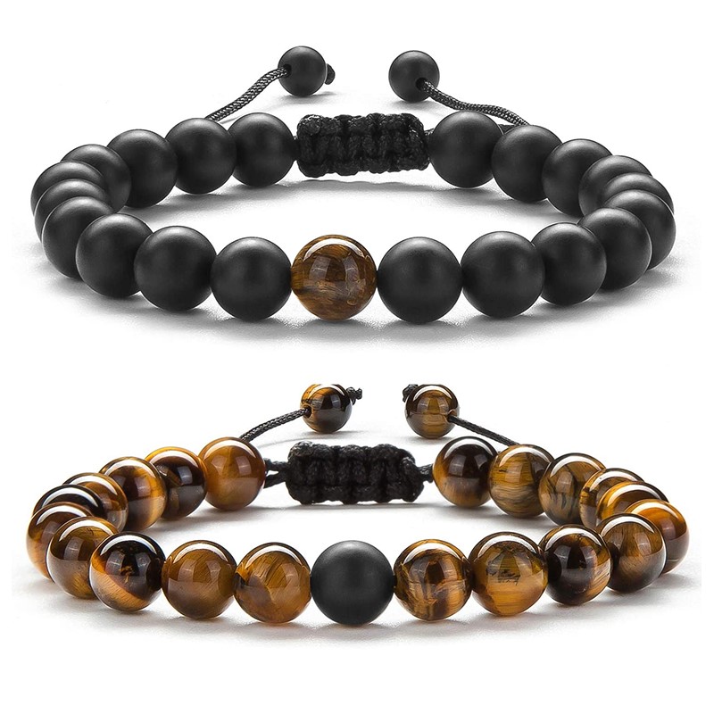 2pcs/set Bead Bracelet Natural Tiger Stone Charm Onyx Beaded