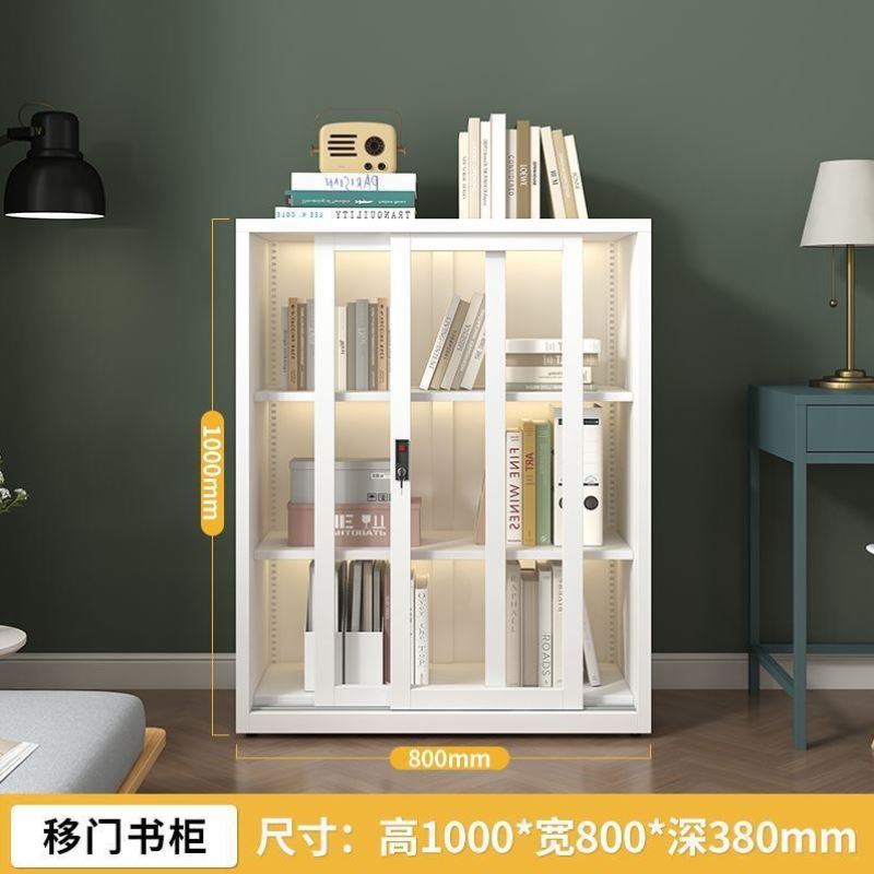 家用钢化玻璃移门书柜客厅展示柜落地推拉门铁艺防尘收纳柜HS