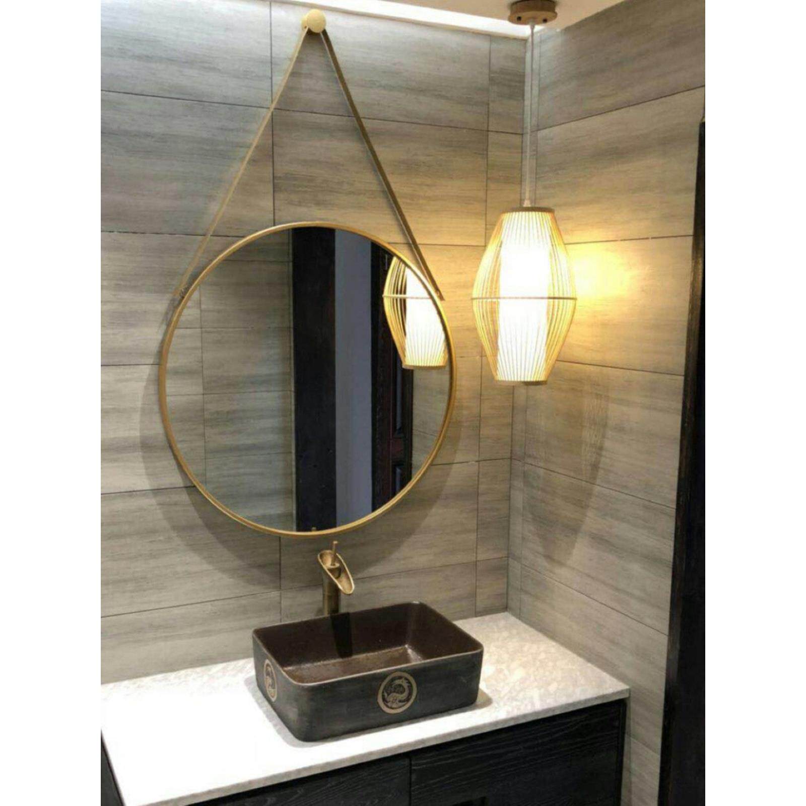 圆形浴室镜洗面台镜子梳妆镜挂墙卫生间化妆镜壁挂美发店金色圆镜