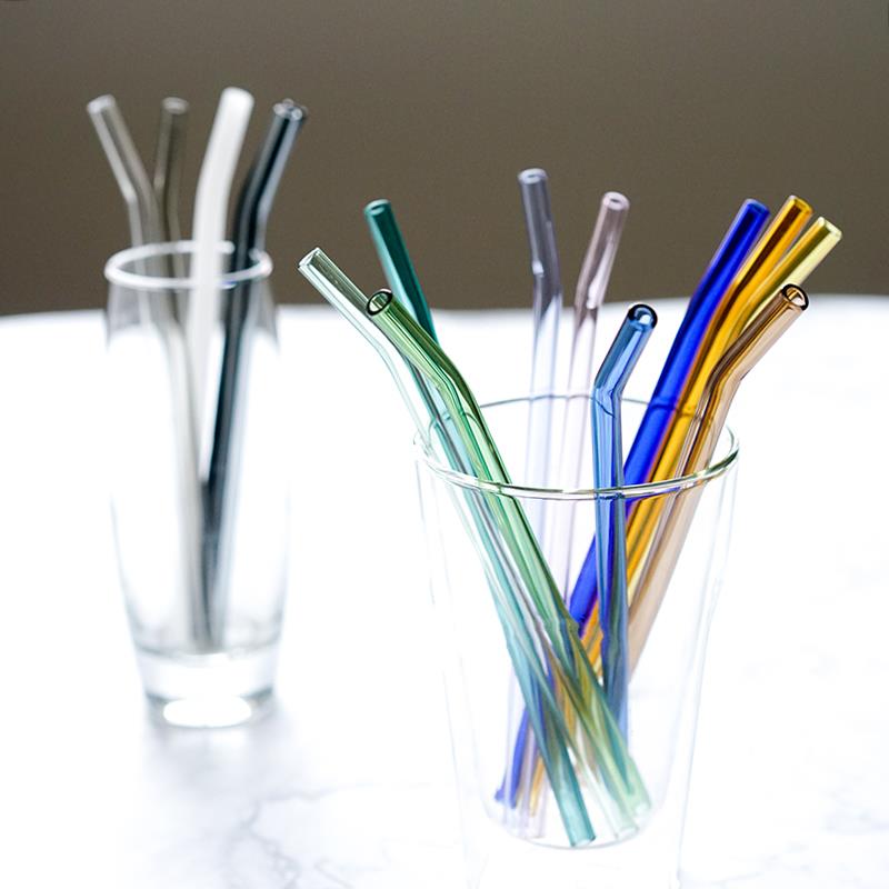 推荐ins风彩色透明玻璃弯吸管 加厚耐高温家用奶茶饮料果汁搅拌棒