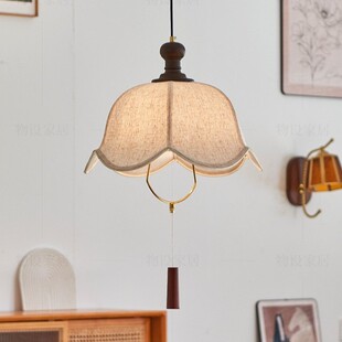 喇叭花法式复古风卧室灯实木布艺花瓣吊灯设计师餐厅灯中古风餐灯