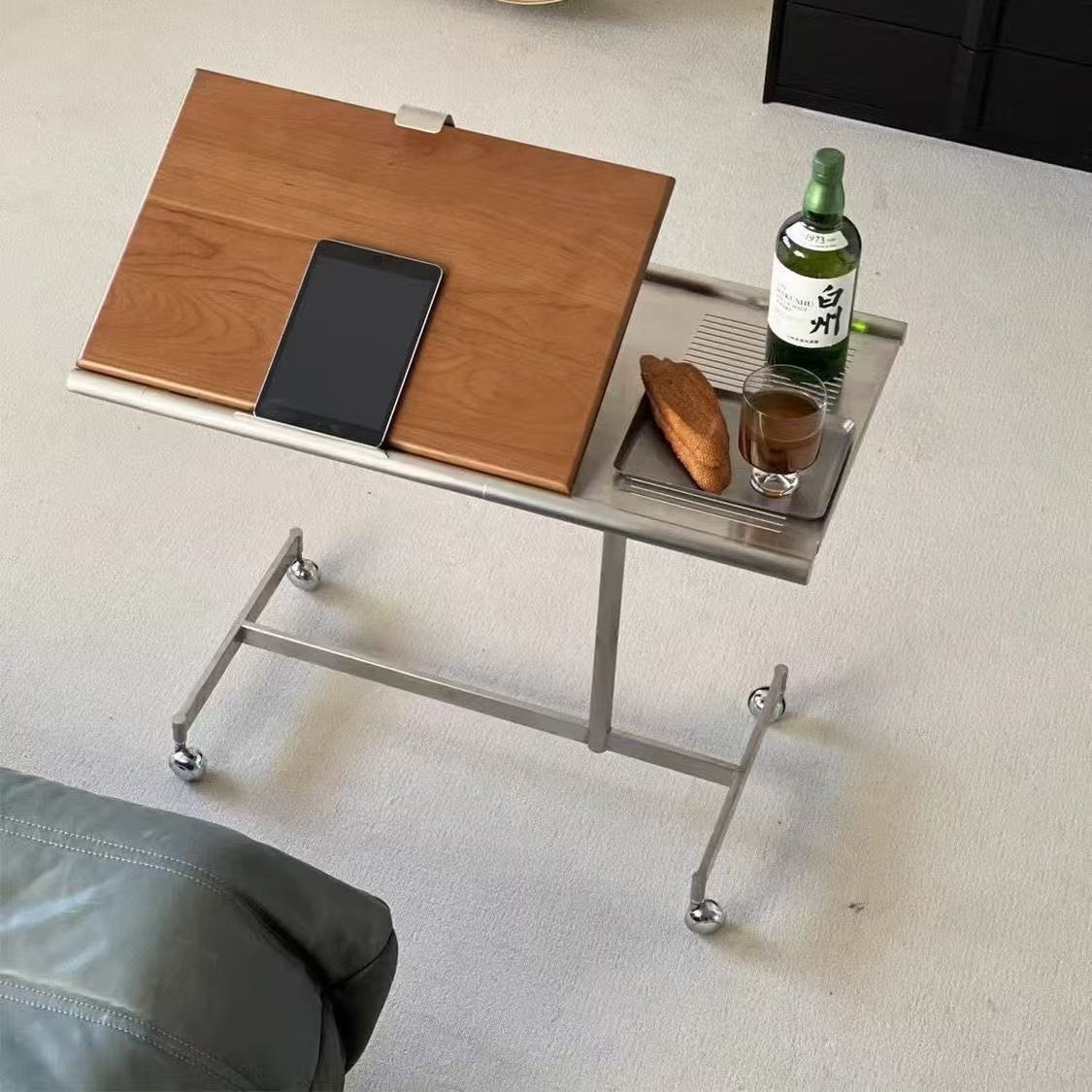 再物设计出品|移动实木带轮小推车茶几琴谱架可升降边几床边桌子