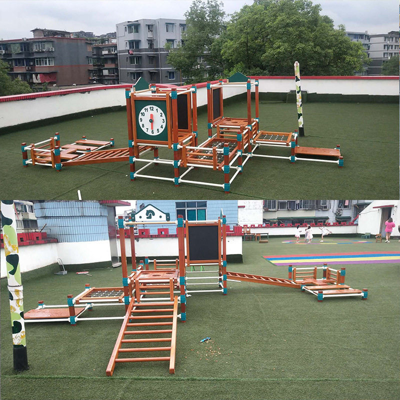 幼儿园大型户外体能训练拓展木质黄花梨感统荡桥钻洞滑梯组合