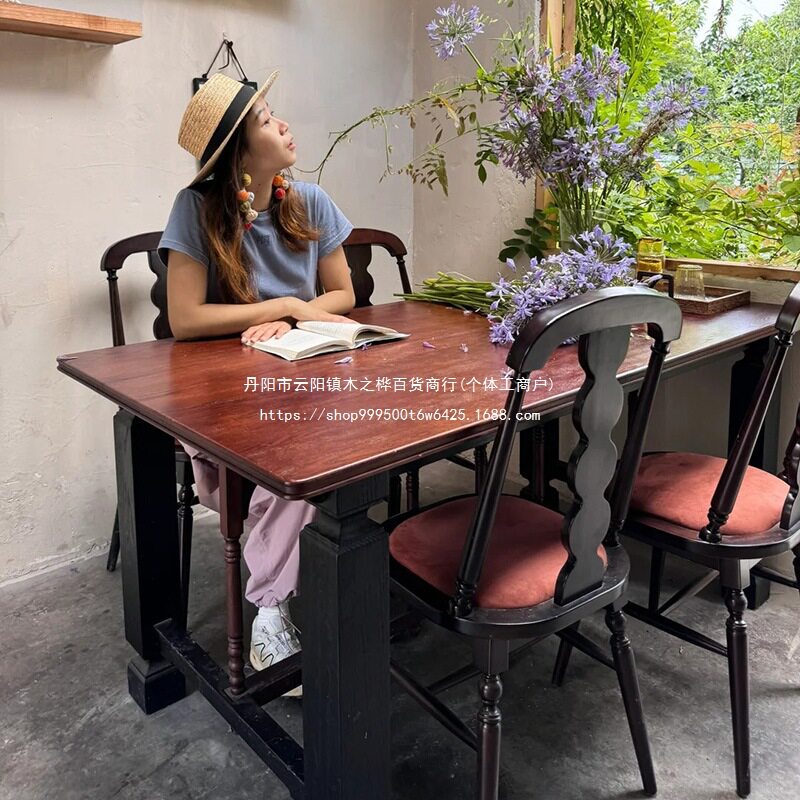 法式中复古实木软包餐桌靠背椅子家用客厅卧室美式乡村咖啡化妆凳
