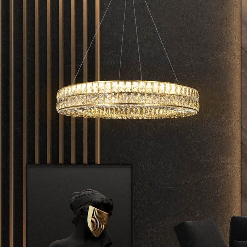 美式客厅水晶吊灯轻奢餐厅灯后现代简约圆环餐桌灯具设计师卧室灯