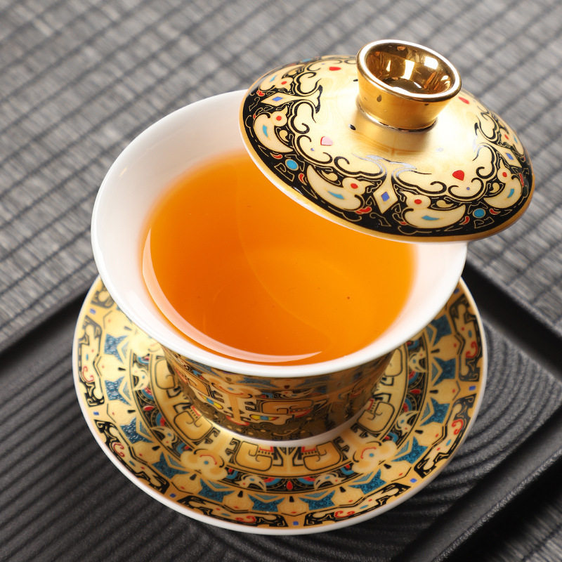 三才盖碗可旋转悬停中式功夫家用泡茶小号带盖金银错羊脂玉瓷茶碗