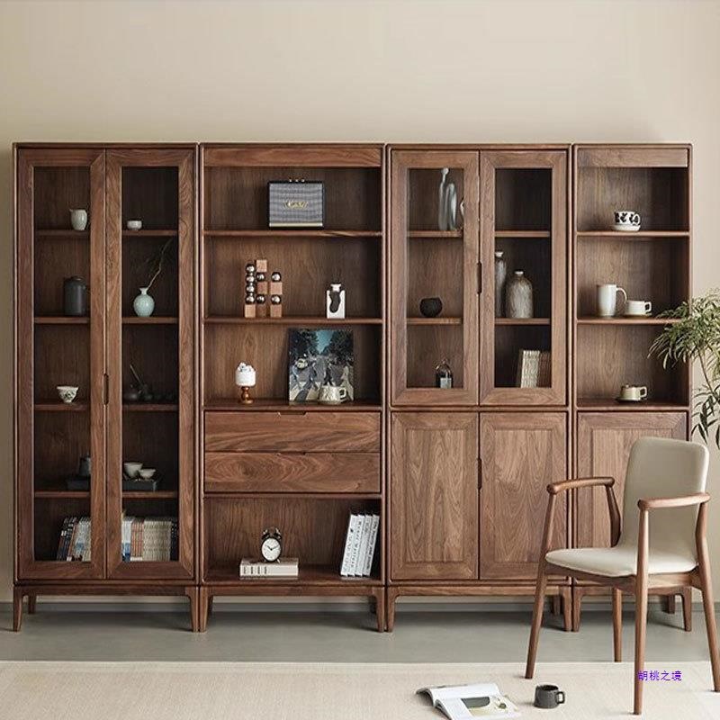 北美黑胡桃木带门组合书柜新中式实木书柜落地柜现代简约书架