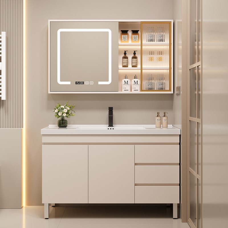 奶油风浴室柜组合陶瓷一体盆落地式洗手池洗脸面盆智能浴室柜组合