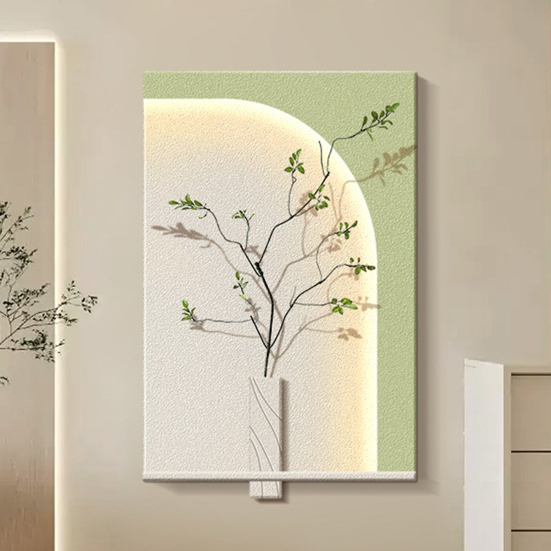 侘寂风客厅d装饰画高档绿植砂岩led灯画沙发背景墙画玄关立体挂画