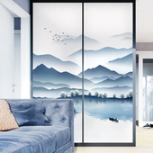 中式 山水阳台窗户玻璃贴纸窗花贴透光不透明静电磨砂贴膜遮光窗纸