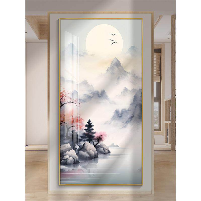 新中式入门玄关装饰画水墨山水画竖版挂画走廊过道风景画客厅壁画