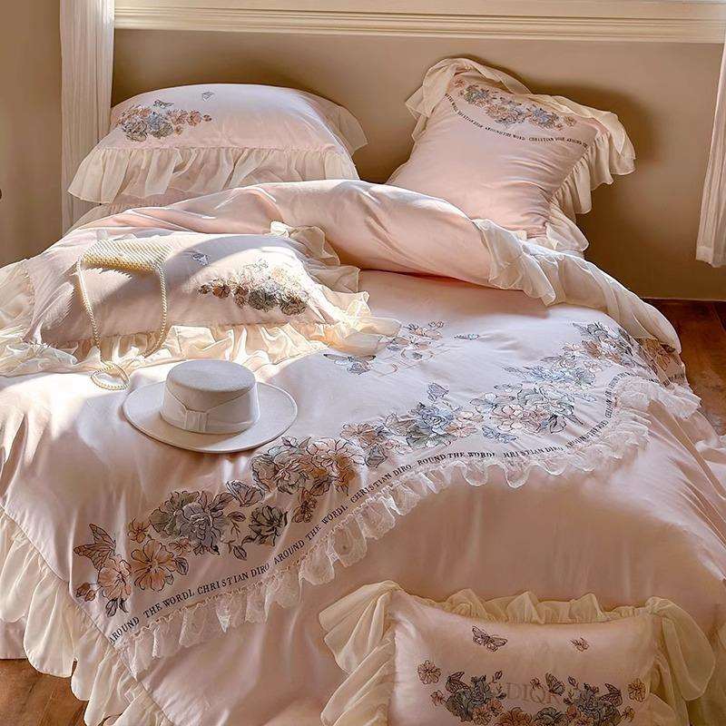 法式100支长绒棉四件套浪漫花卉刺绣荷叶边被套柔软全棉床上用品
