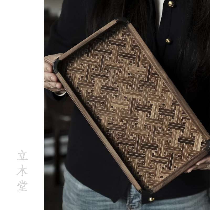 立木堂紫光檀万字锦地纹壶承茶托盘高档黄杨木实木文房收纳盘茶具