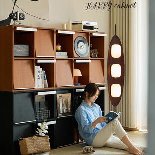 实木书柜自由组合矮柜中古黄杨木格子柜客厅收纳边柜落地斗柜