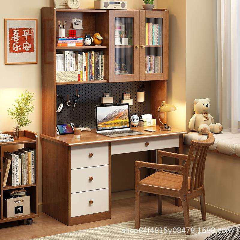 实木书桌书架一体带抽屉书柜儿童学习桌学生家用课桌洞洞板电脑桌