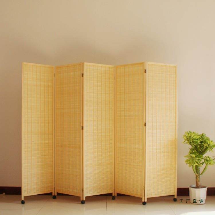 折叠屏风隔断客厅玄关折屏办公室遮挡帘实木竹编简易可移动带滑轮