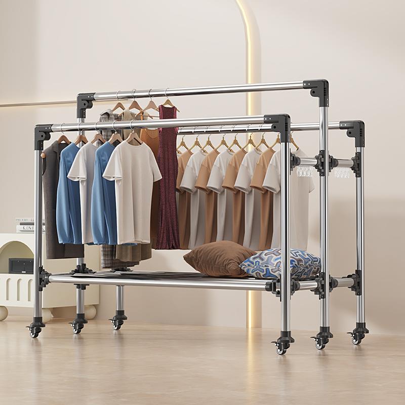 不锈钢晾衣架落地可移动简约家用晒被子神器晾衣杆加厚阳台晒衣架