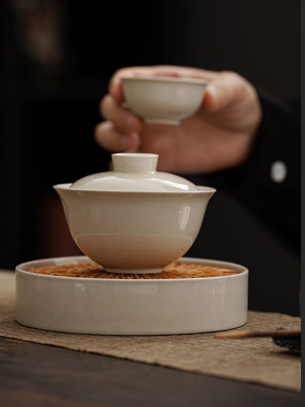 陶瓷养壶承茶具储水干泡台茶盘托盘藤编手工日式托盘建水茶道新品