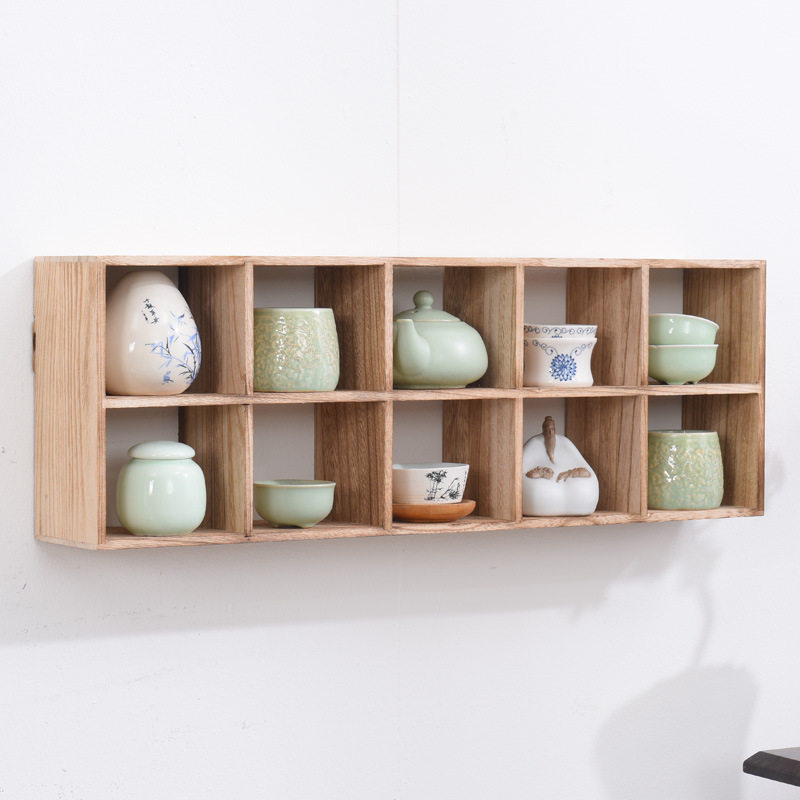 实木挂墙茶具展示收纳架