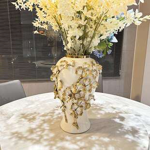 轻奢陶瓷手工贴花将军瓶电镀金色插花花瓶样板房玄关客厅花店摆件