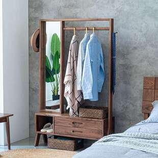 北美黑胡桃木落地挂衣架全实木衣帽架卧室衣架家用北欧鞋柜换鞋