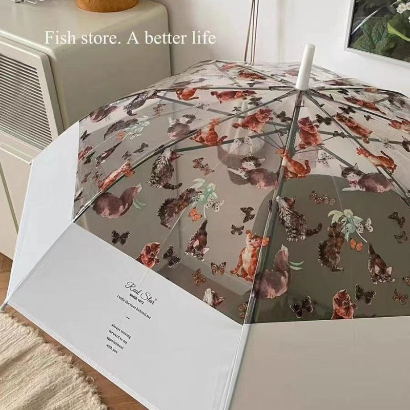 韩风ins复古油画高级感透明猫咪雨伞长柄女生可爱自动开伞成人伞
